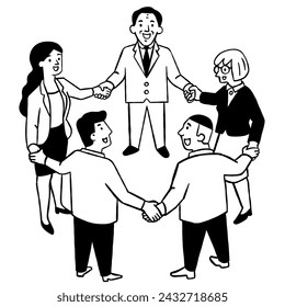 Business people holding hand together, standing in circle. Cute character vector illustration, outline, thin line art, hand drawn sketch design, black and white ink style.