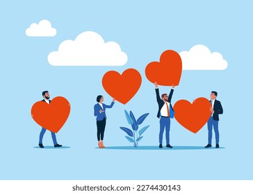 Empresarios sosteniendo corazones. Amor y satisfacción de la marca. Aprecie el servicio. Ilustración vectorial moderna en estilo plano