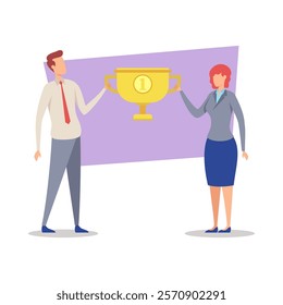 Business people holding huge champion cup vector illustration. Male and female managers celebrating success. Business, leadership, achievement, victory, triumph concept