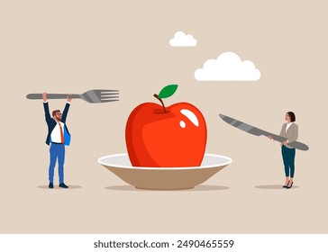 Business people holding a knife and fork in his hand, he was ready to cut the red apple. Financial and investment growth.