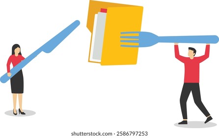 Business people holding knife and fork above files folder on a plate. Database on the plate with fork and knife. Flat vector illustration

