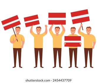 Business people holding Latvia flag. Man hand holding national flag of the Latvia.Character cartoon vector flat illustration. Isolated on white background.