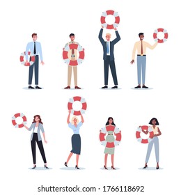 Business people holding a lifeline. Lifeline as a metaphor for help and safety. Idea of customer service. Help people with problems. Providing customer with valuable information. Vector illustration