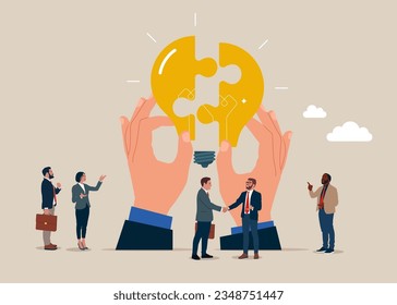 Business people holding a light bulb puzzle in his hand to connect. Working together to succeed. Flat vector illustration