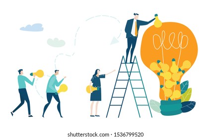 Business people holding light bulbs as symbol of bringing the bride idea and build business together. Collection of business people in action.