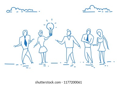 business people holding light lamp creative innovation startup concept team brainstorming generating new idea inspiration project sketch doodle hand drawn horizontal vector illustration