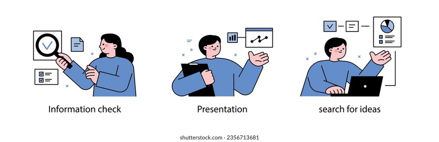 Business people are holding magnifying glasses, looking for data, making presentations, and analyzing data. Business People. Vector design in blue monocolor with outline.