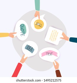 Business people holding many carton speech bubbles. Place for you text. Business flat vector illustration.
