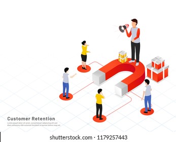 Business people holding megaphone for announcement, magnet attract customers with best offer. Responsive web template design.