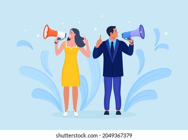 Business people holding megaphone and shouting through it. Announcement of good news. Attention please. Speaker with loudspeaker, bullhorn. Advertising and promotion. Social media marketing 