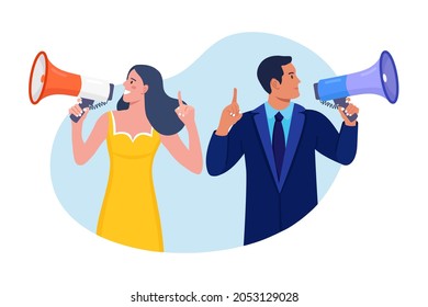 Business people holding megaphone and shouting through it. Announcement of good news. Attention please. Speaker with loudspeaker, bullhorn. Advertising and promotion. Social media marketing 