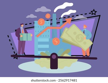 Business people holding money on scales with factory in background. Individual company resources price balance flat vector illustration. Microeconomics, price balance, cooperation, economy concept