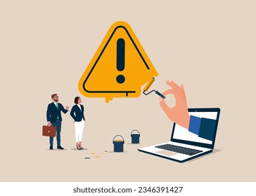 Business people holding paint roller to paint exclamation attention sign. Solving problem, identify risk or critical failure. Flat vector illustration