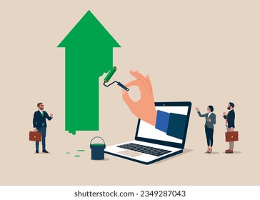 Empresarios sosteniendo rodillos de pintura y pintando flecha verde hacia arriba. Crecimiento de los beneficios empresariales, adelanto profesional. Ilustración del vector