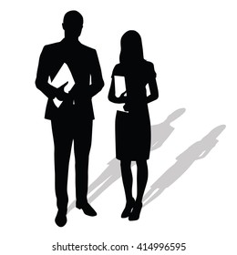 Business people holding papers, documents. Man stands next to woman. Vector silhouettes with shadow. Businessmen in formal wear. Man in suit, woman wearing stilettos high heels and skirt