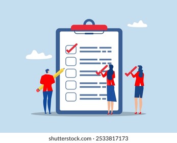 Business people holding pencil complete task checkbox,project status report, plan to finish work concept,vector illustrator