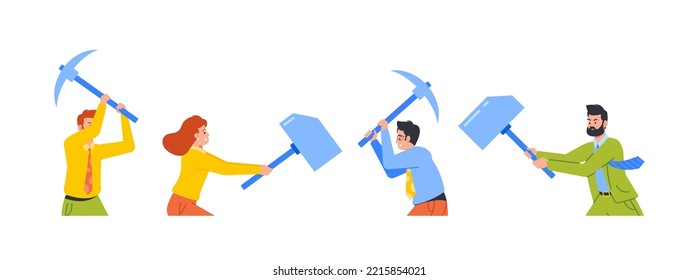 Business People Holding Pickaxes And Hammers Isolated On White Background. Male And Female Characters Breaking Through Crisis, Hard Work, Development, Problem Solution. Cartoon Vector Illustration