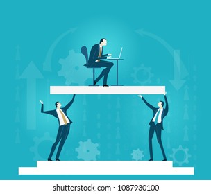 Business people holding up the platform with business man working on laptop