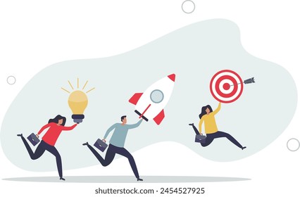 business people holding rocket ship, lightbulb idea and target plan .flat vector illustration.