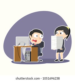Business People Holding Stack of Paper and Make Her Friend Surprised