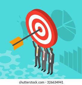 Business people holding target with arrow, vector illustration. Arrow hitting the center of target - flat success business concept