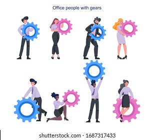 Business people holding technology gear. Idea of office worker productively working and moving towards success. Partnership and collaboration. Flat abstract vector illustration