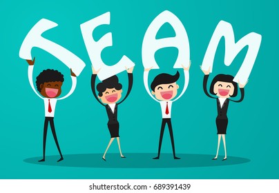 Business people holding together letters of the word team.Teamwork concept