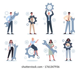 Business people holding wrench and gear set. Idea of office worker productively working and moving towards success. Partnership and collaboration. Flat abstract vector illustration
