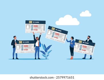 Business people holds ID card. Isometric Personal business card. Flat vector illustration.