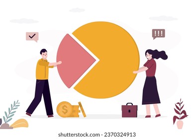 Los empresarios sostienen un gráfico circular. Porcentaje de cuota de mercado de la venta en la industria. Accionista de la empresa, inversionistas o propietario que posean un porcentaje o un activo accionario de la empresa, distribución del mercado, participación en acciones