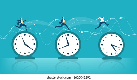 Business people hopping from one clock to another as symbol of business travel, international communication and different time zones leaving Business concept illustration. 