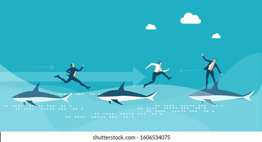 Business people hopping from one shark at other. Danger in business, taking a risk, swimming with sharks. Business concept illustration
