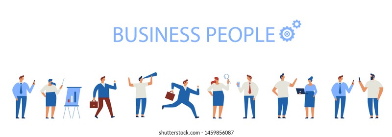 Business People horizontal banner. Business team. Teamwork, brainstorming. Success. Men and women. Flat vector characters isolated on white.	
