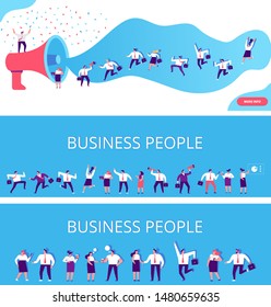 Business People horizontal banners. Business team. Teamwork, brainstorming. Success. Men and women. Flat vector characters isolated on white.