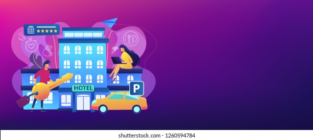 Business people at hotel use all included services, lodgings and wifi. All-inclusive hotel, luxury hospitality resort, all included service concept. Header or footer banner template with copy space.