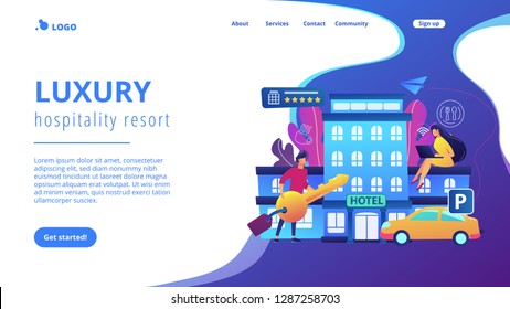 Business people at hotel use all included services, lodgings and wifi. All-inclusive hotel, luxury hospitality resort, all included service concept. Website vibrant violet landing web page template.