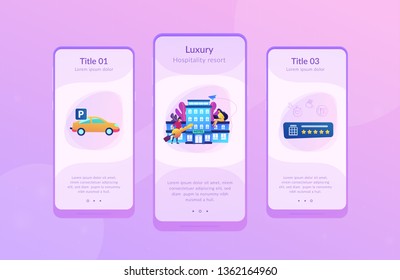 Business people at hotel use all included services, lodgings and wifi. All-inclusive hotel, luxury hospitality resort, all included service concept. Mobile UI UX GUI template, app interface wireframe