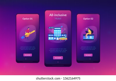 Los ejecutivos del hotel utilizan todos los servicios, alojamientos y WiFi incluidos. Hotel todo incluido, resort de hospitalidad de lujo, todo incluido concepto de servicio. Plantilla GUI de UI de Mobile UX, modelo de alambre de interfaz de aplicación