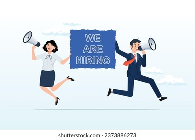 Business people HR with megaphone holding we are hiring sign, HR recruiting announcement we are hiring advertisement, human resources or employer looking for candidate for job vacancy (Vector)