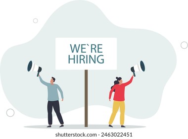 business people HR with megaphone holding we are hiring sign.flat vector illustration.