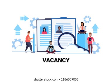 business people hr searching resume specialist candidate vacancy job business concept flat horizontal teamwork process female male cartoon character vector Illustration