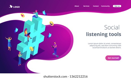 Business People At Huge Hashtag Send And Share Posts And Social Media. Social Listening Tools, Engaging Content, Hashtag Tracking Concept. Isometric 3D Website App Landing Web Page Template