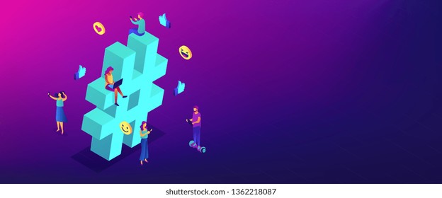 Business people at huge hashtag send and share posts and social media. Social listening tools, engaging content, hashtag tracking concept. Isometric 3D banner header template copy space.