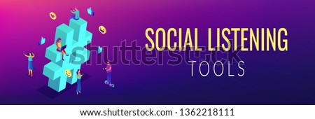 Business people at huge hashtag send and share posts and social media. Social listening tools, engaging content, hashtag tracking concept. Isometric 3D banner header template copy space.