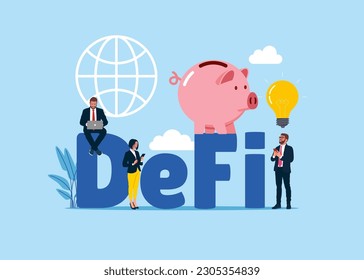 Business people with huge Piggy Bank work on Cryptocurrency Market via Gadgets, tech. Modern vector illustration in flat style