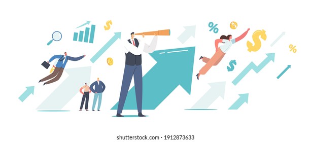 Business People at Huge Rising Arrow Move to Success. Male Character with Spyglass Look on Growing Arrow Chart. Successful Leader Financial Success, Career Growth Concept. Cartoon Vector Illustration