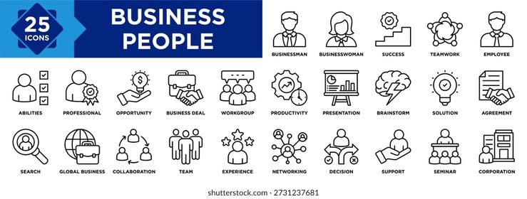Business People icon collection set. Containing Businessman, Businesswoman, Team, Collaboration, Search, Global Business, Employee, Success, Workgroup, Presentation icon