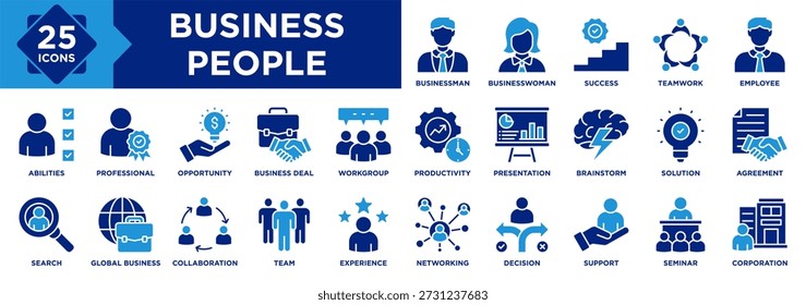 Business People icon collection set. Containing Businessman, Businesswoman, Team, Collaboration, Search, Global Business, Employee, Success, Workgroup, Presentation icon