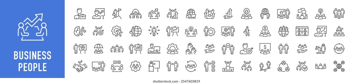 Business People icon in line style. Team, business people, human resources, collaboration, research, meeting, partnership, support, businessman. Collection. Vector illustration.