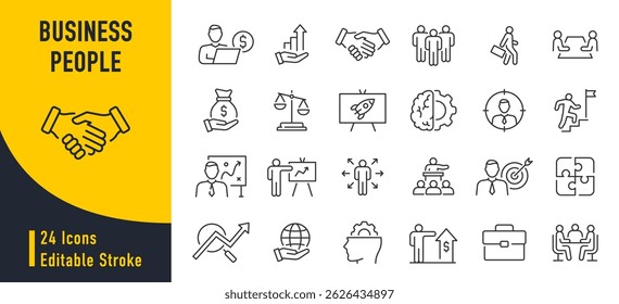 Ícone de Pessoas de Negócios no estilo de linha. Equipe, pessoas de negócios, recursos humanos, colaboração, pesquisa, reunião, parceria, suporte, empresário. Coleção. Ilustração vetorial.